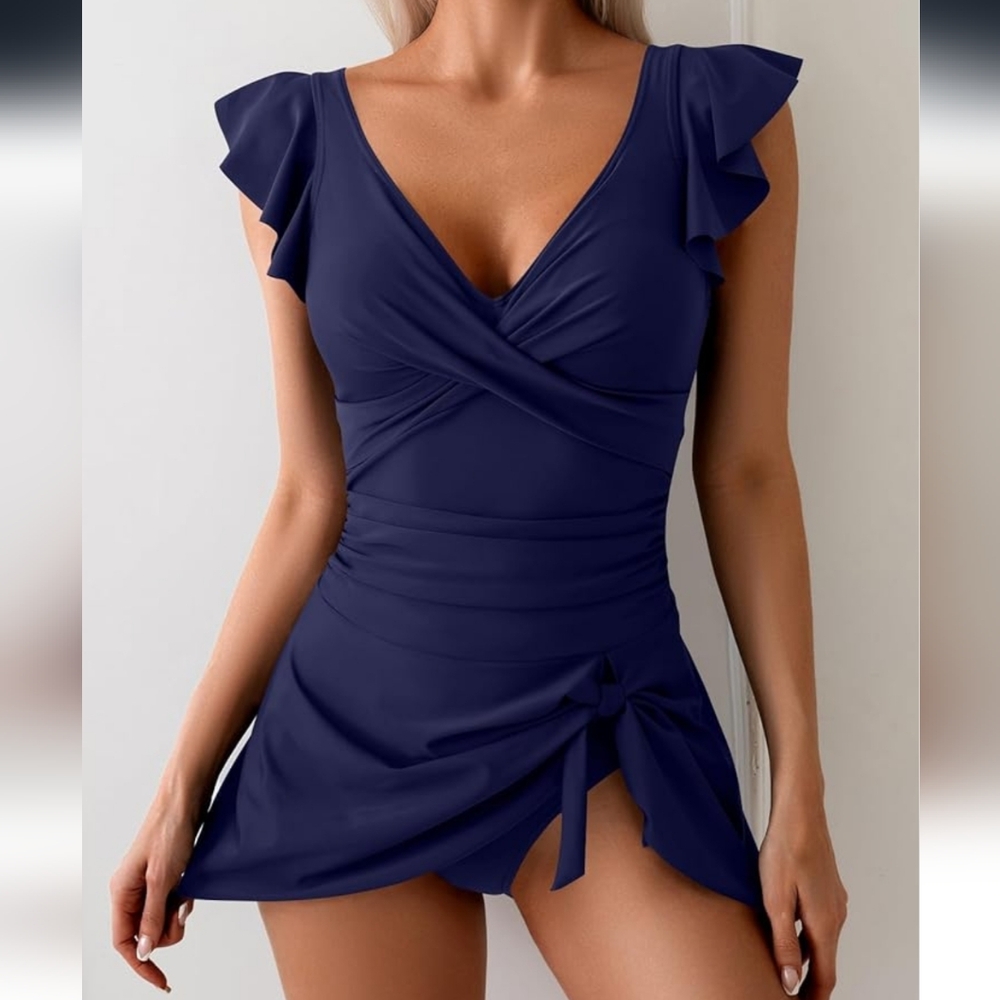 Elegant Navy Blue Ruffle Swimsuit - Picture 2 of 6